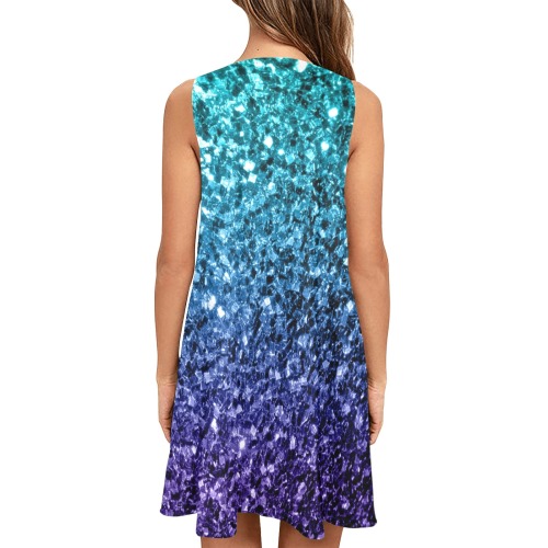 Aqua blue Ombre faux glitter sparkles Sleeveless A-Line Pocket Dress (Model D57)