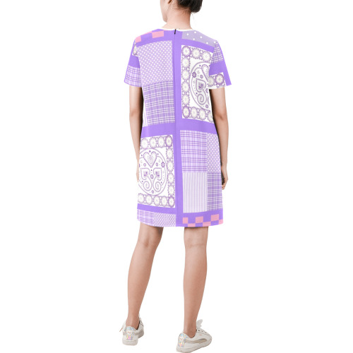 Pink and Purple Patchwork Design Short-Sleeve Round Neck A-Line Dress (Model D47)