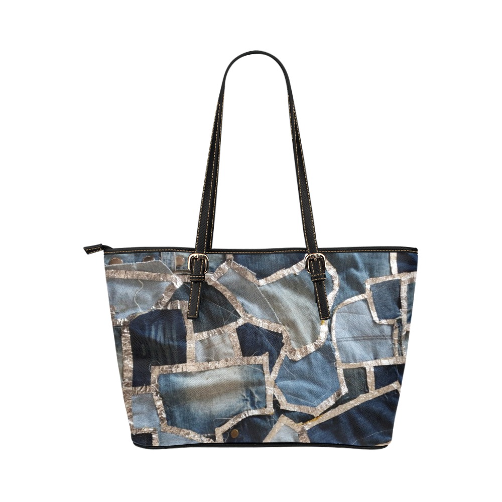 denim patchwork Word Handbags Leather Tote Bag/Large (Model 1651)
