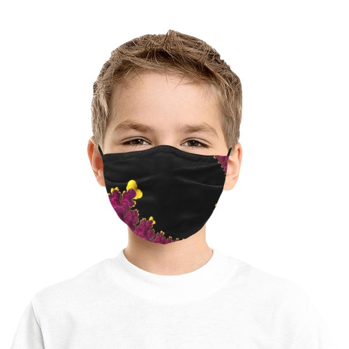 Purple Mauve and Yellow Fringe on Black Fractal Abstract Pleated Mouth Mask for Kids (Model M08)