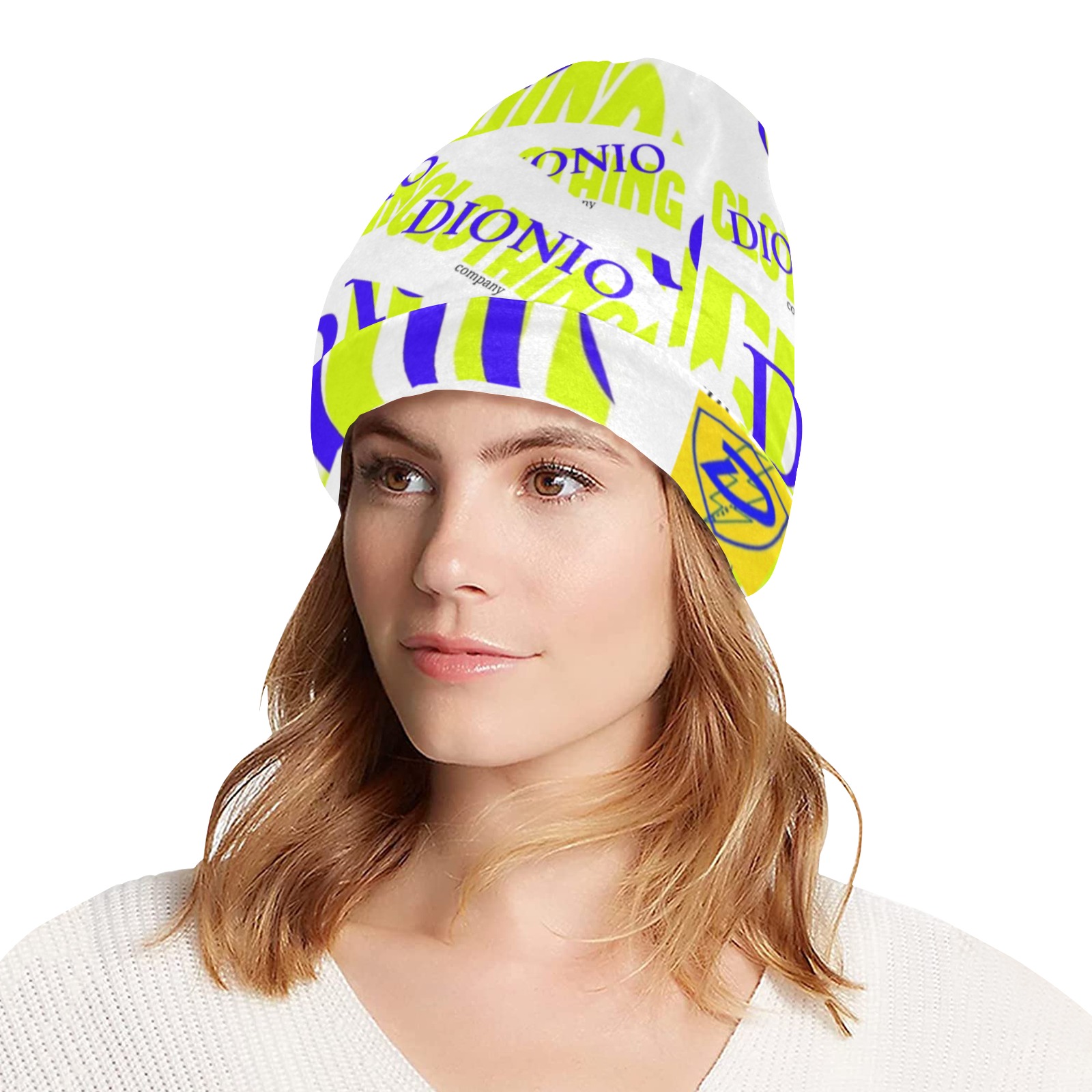 DIONIO Clothing - Company Beanie (White,Blue & Yellow) All Over Print Beanie for Adults