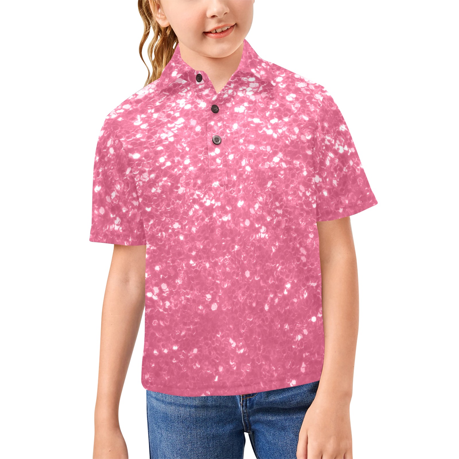 Magenta light pink red faux sparkles glitter Big Girls' All Over Print Polo Shirt (Model T55)