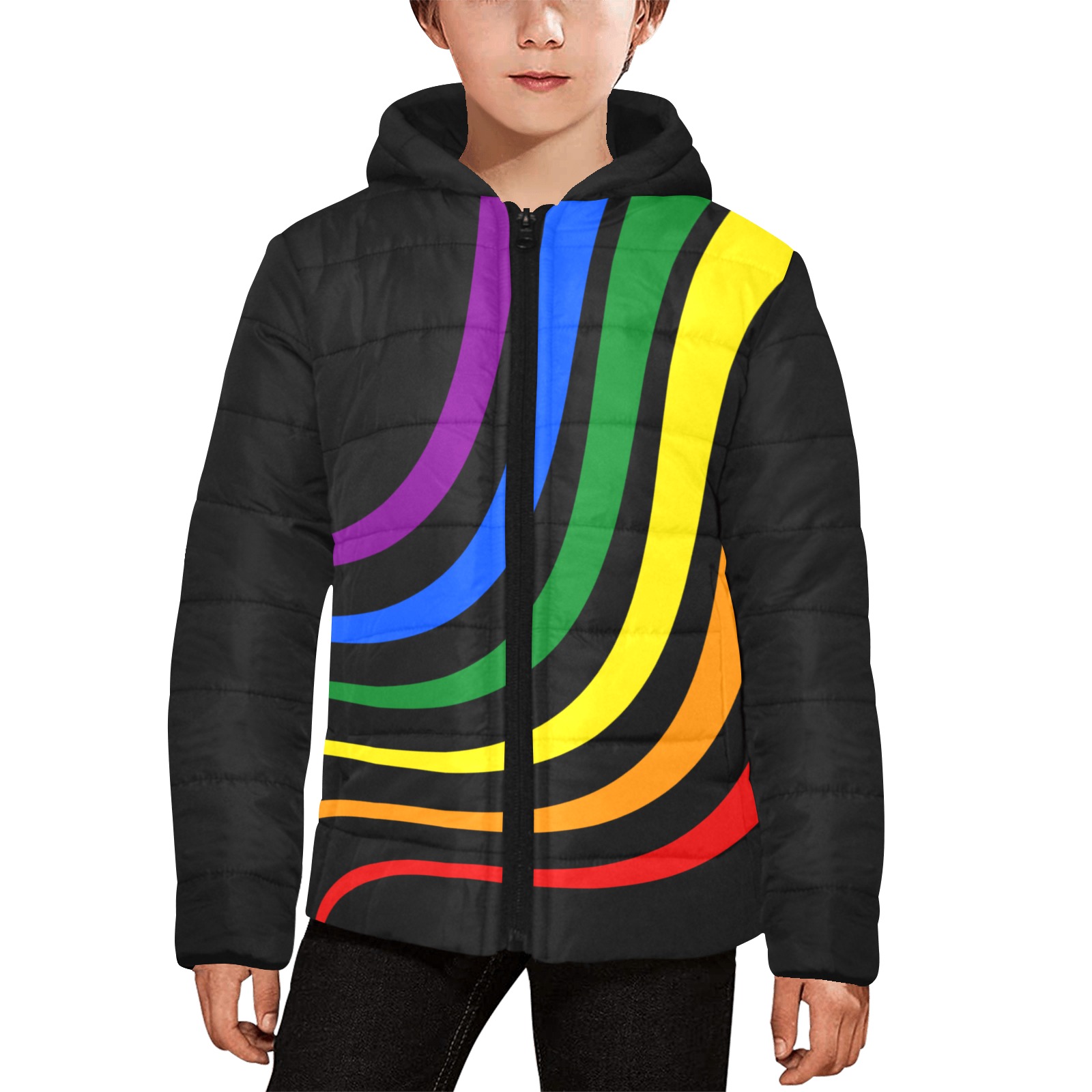Rainbow Pride Colors Black Kids' Padded Hooded Jacket (Model H45)