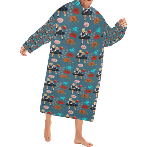 retro girls dress in black pattern blue teal Blanket Robe with Sleeves for Adults