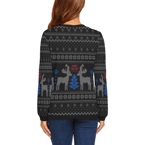 Merry Christmas Black Reindeer Ugly Sweater All Over Print Crewneck Sweatshirt for Women (Model H18)