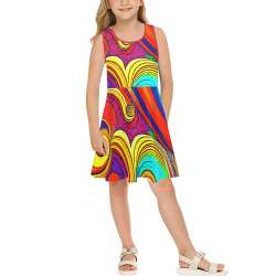 Colorful Groovy Rainbow Swirls Girls' Sleeveless Sundress (Model D56)