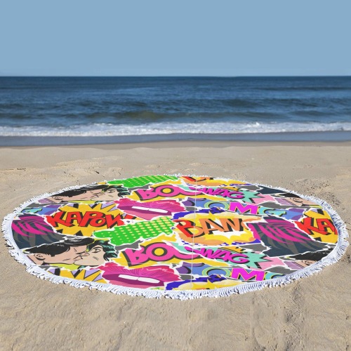 GoldenPopCollageCartoonComic beach mat Circular Beach Shawl Towel 59"x 59"