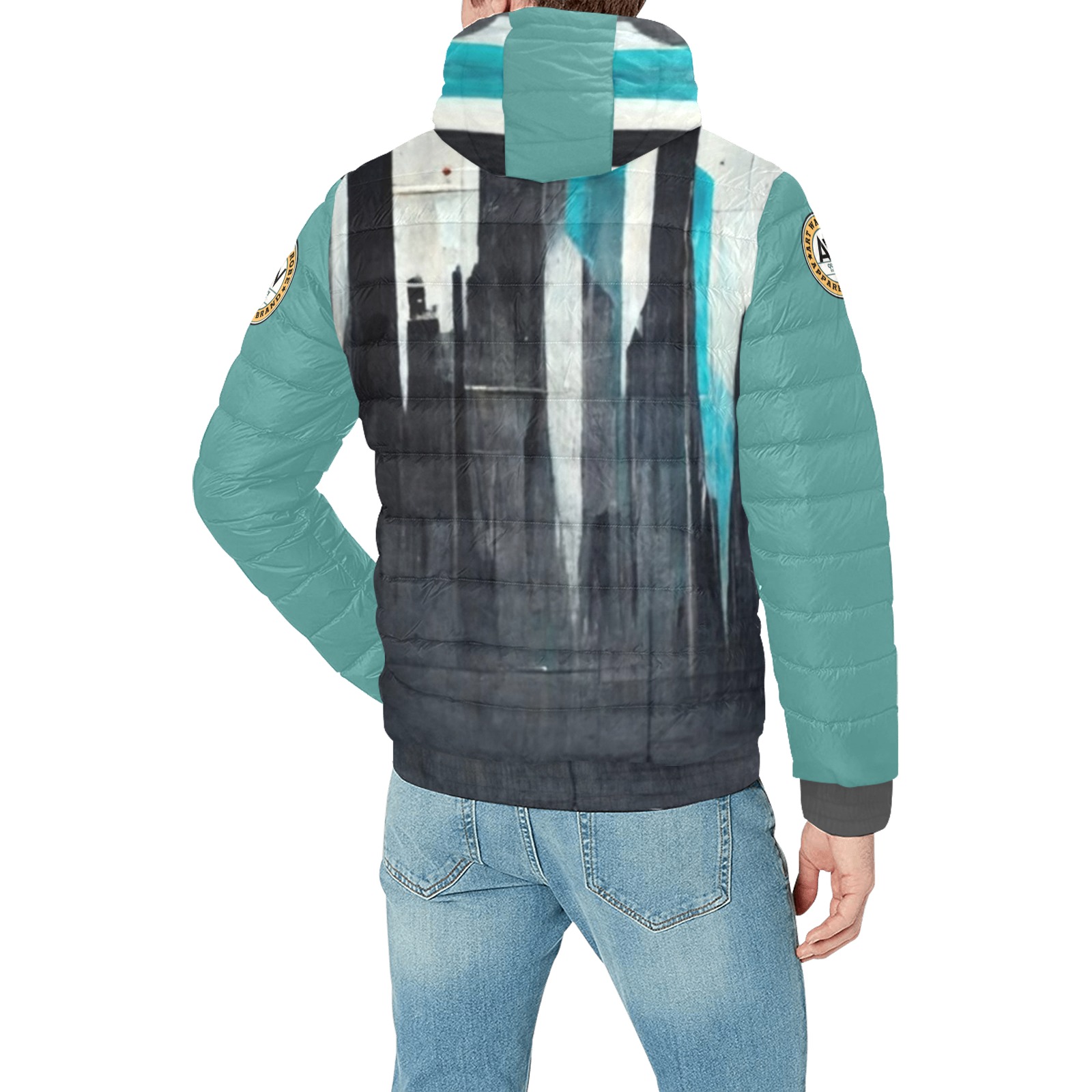 graffiti building's turquoise and black Men's Padded Hooded Jacket (Model H42)
