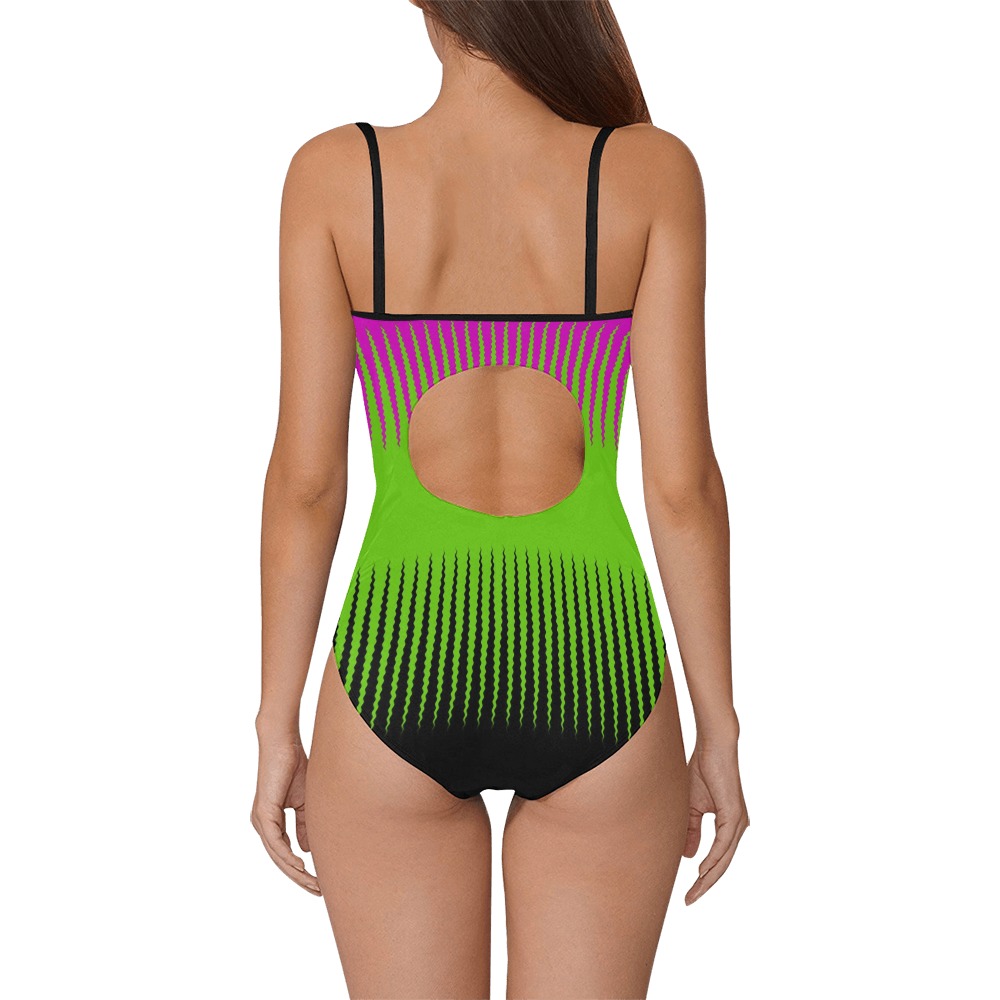Wave Design Pink & Green Strap Swimsuit ( Model S05)