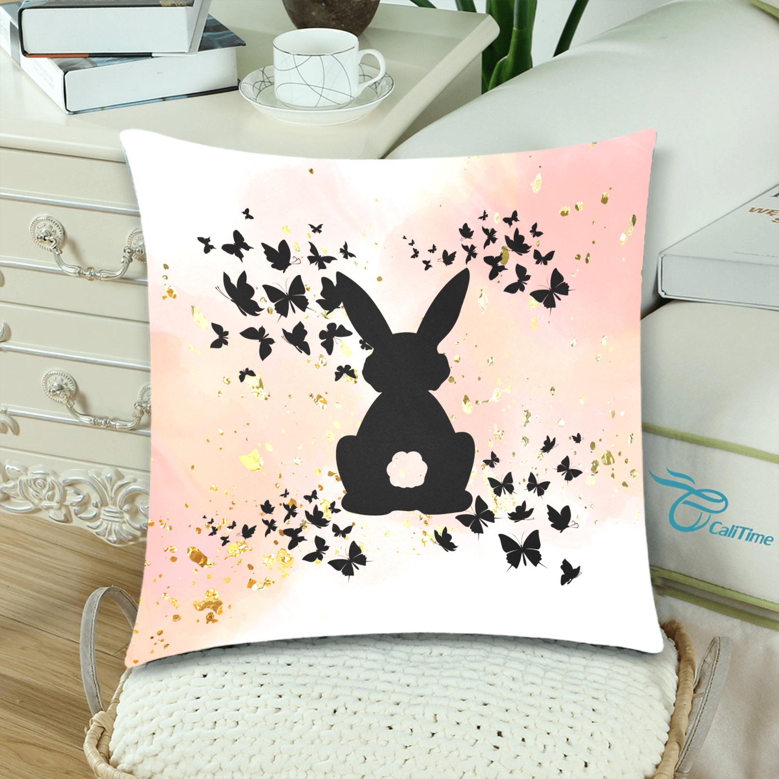Bunnys Back With Butterflies Rose Custom Zippered Pillow Cases 18"x 18" (Twin Sides) (Set of 2)