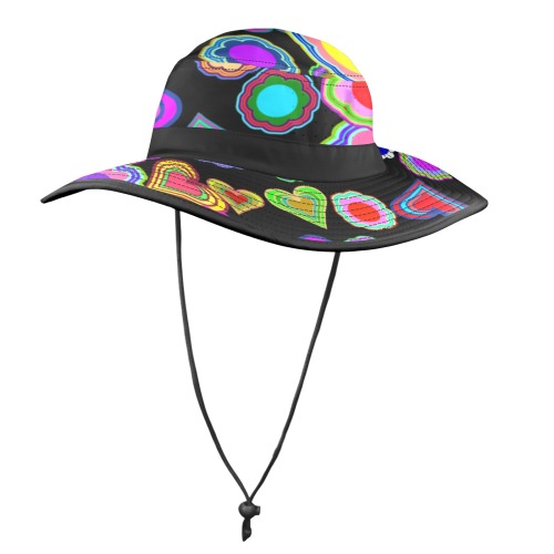 Groovy Hearts and Flowers Black Wide Brim Bucket Hat