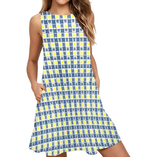 Painted Squares Sleeveless A-Line Pocket Dress (Model D57)