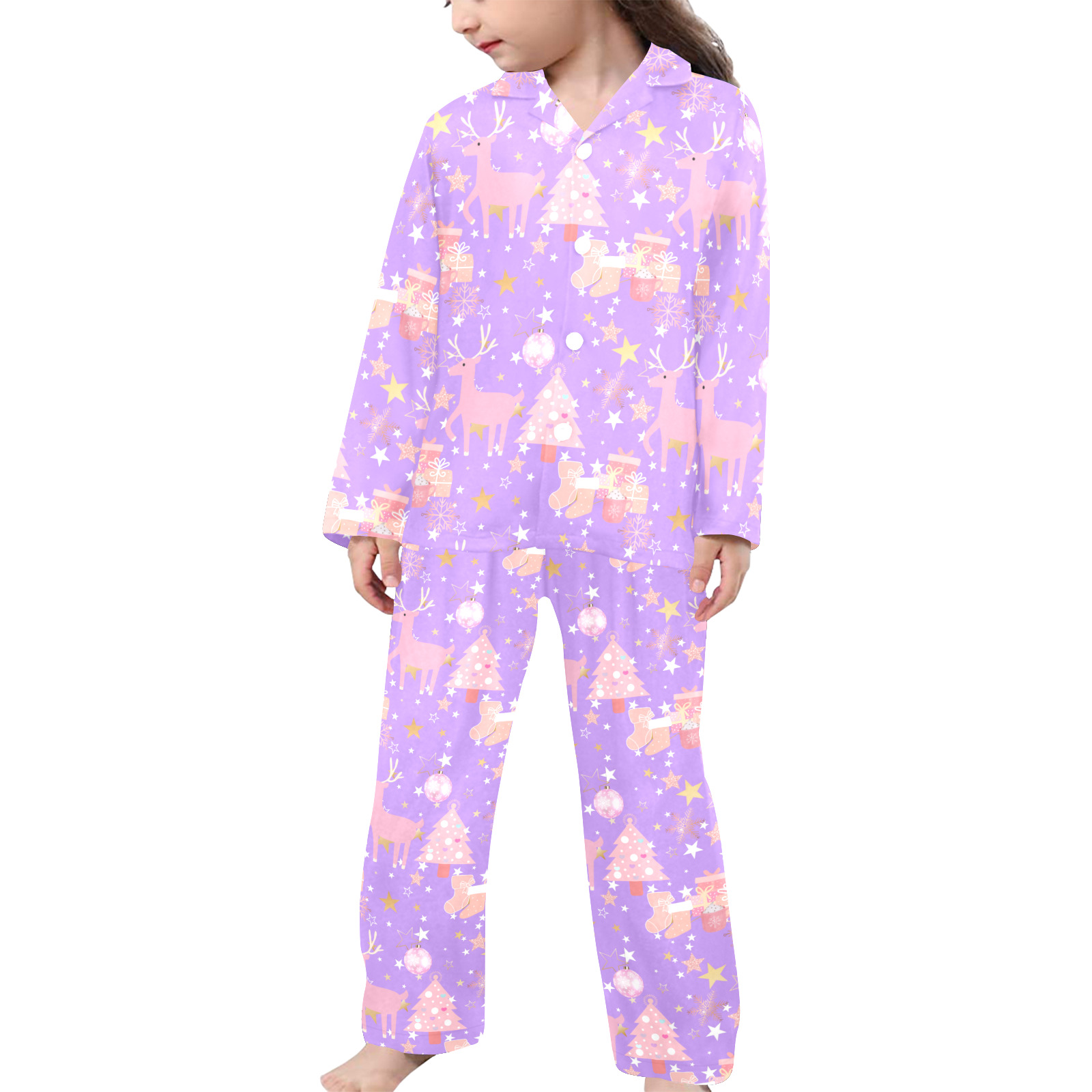 Pink and Purple and Gold Christmas Design Little Girls' V-Neck Long Pajama Set