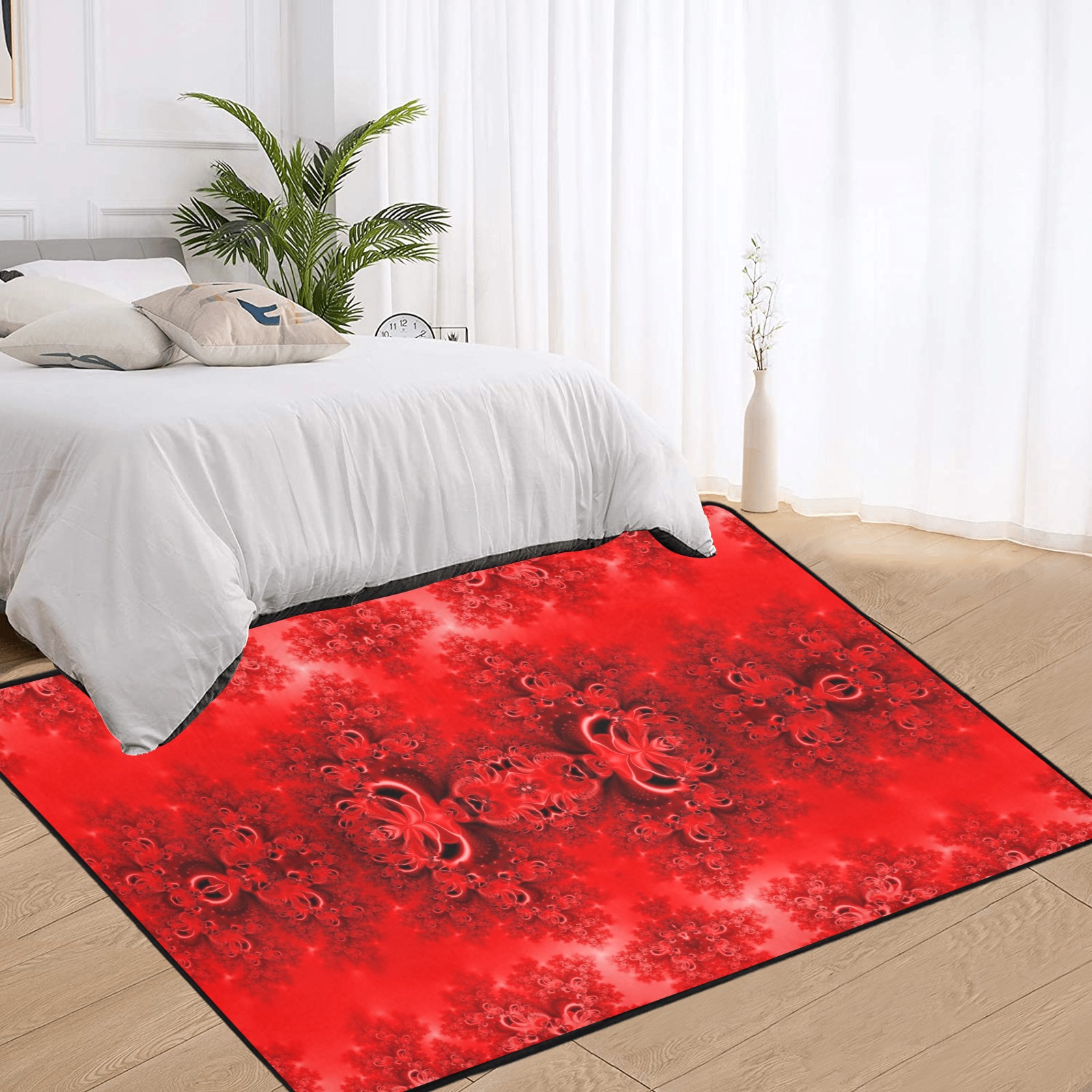 Fiery Red Rose Garden Frost Fractal Area Rug with Black Binding 7'x5'
