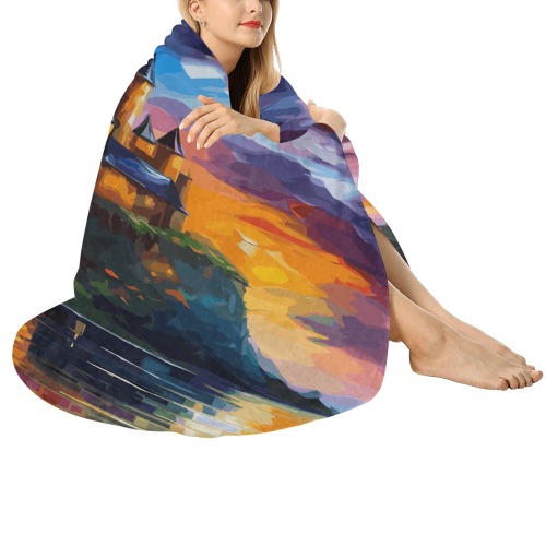 Medieval castle on a small island at sunset art. Circular Ultra-Soft Micro Fleece Blanket 60"