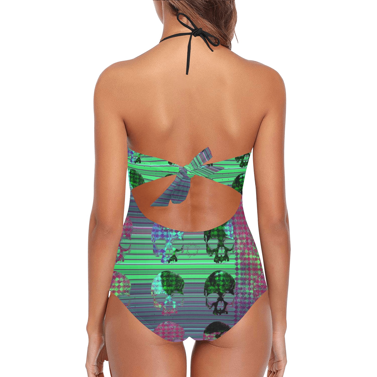 Women’s full piece swim suit skull print Lace Band Embossing Swimsuit (Model S15)