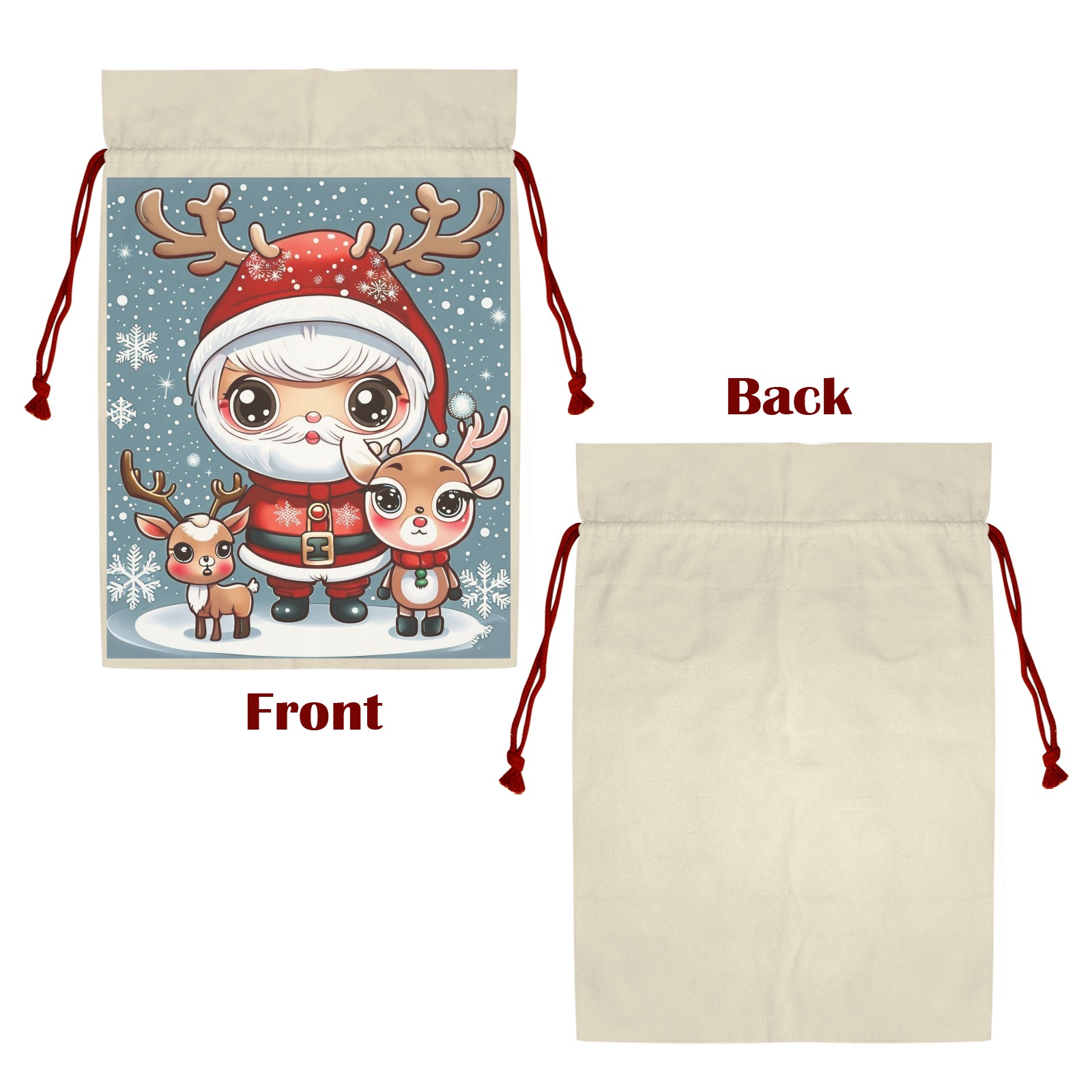 Santa and Reindeer 2 3 Pack Santa Claus Drawstring Bags (One-Sided Printing)