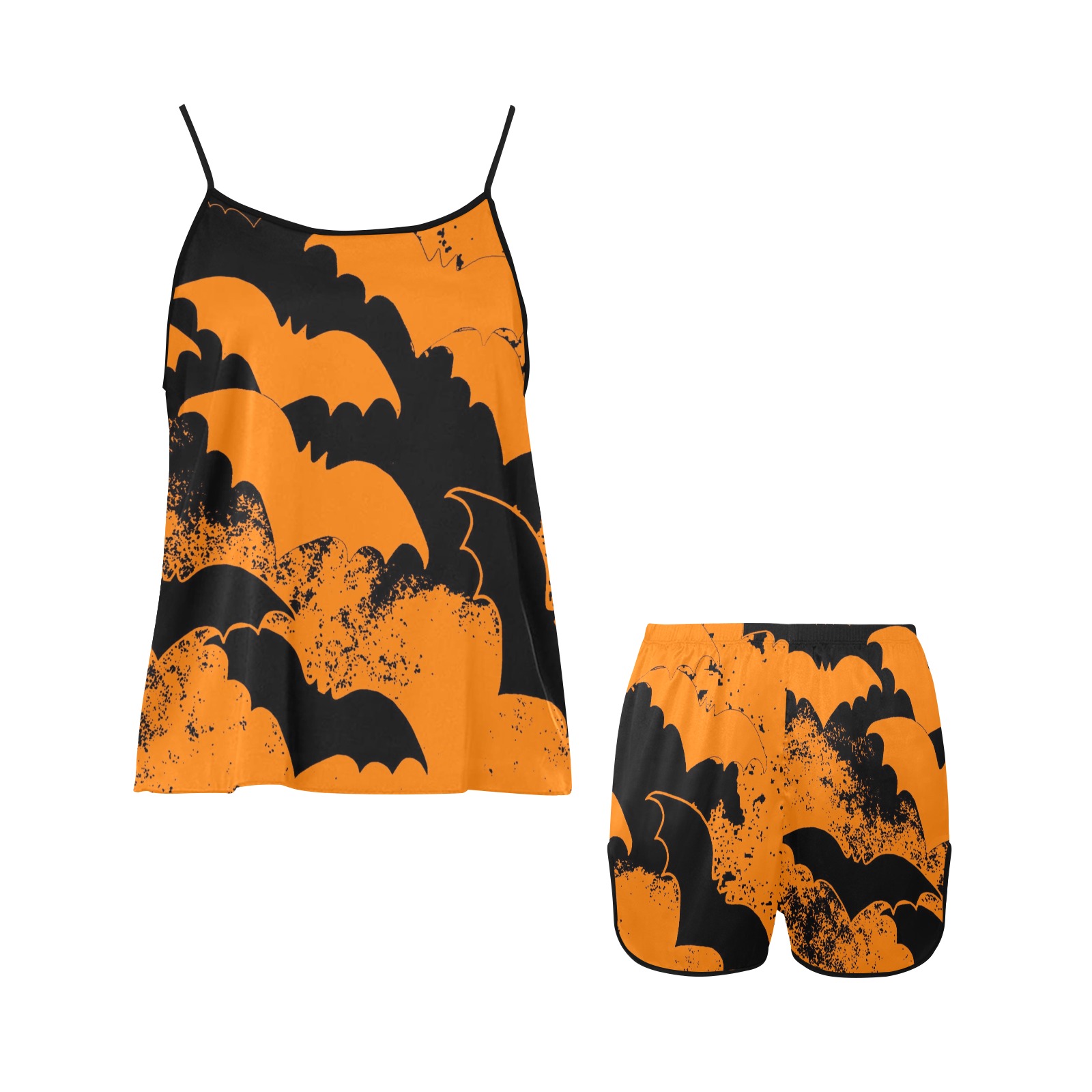 Black Bats In Flight Orange Women's Spaghetti Strap Short Pajama Set