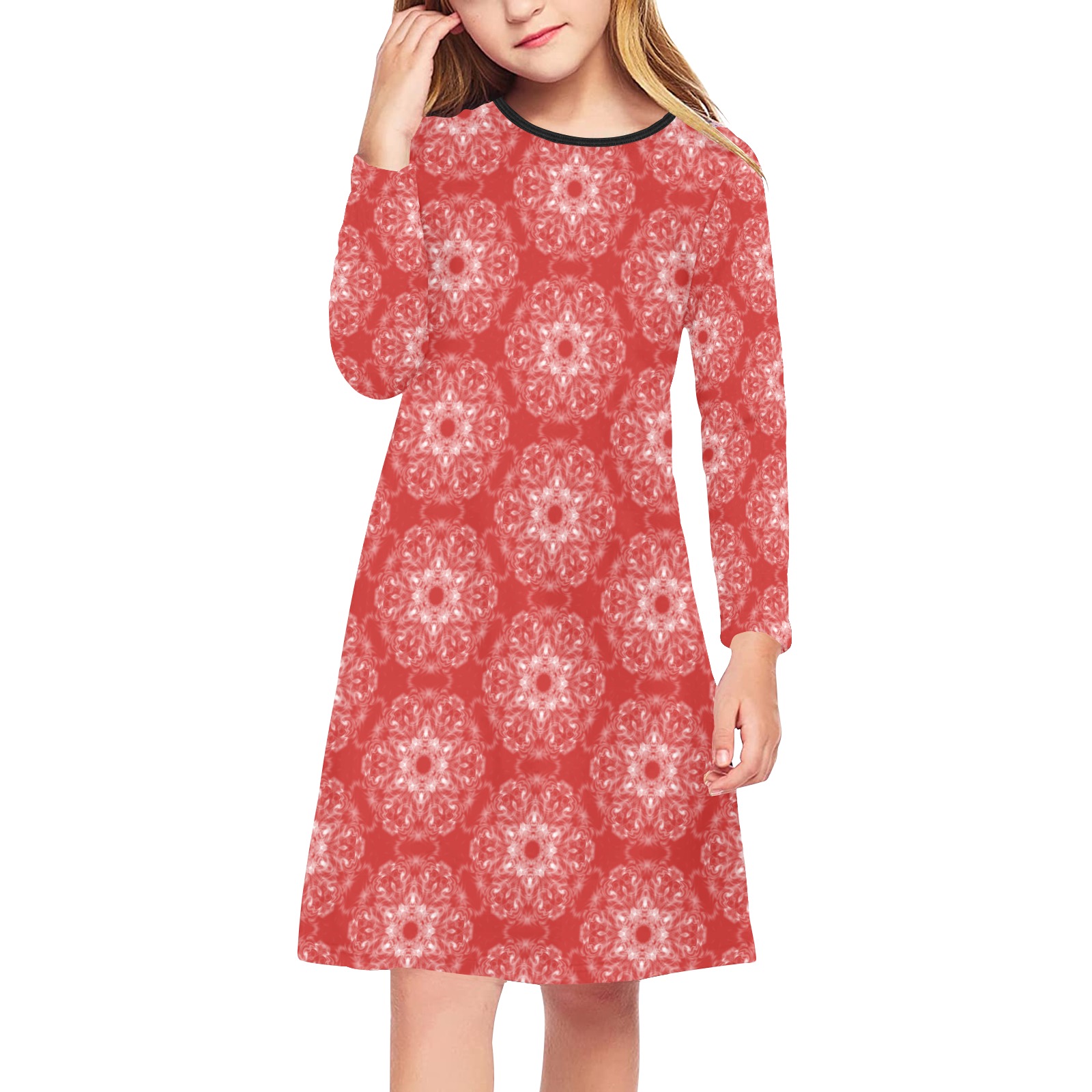 Ô Fractal Snowflake Pattern on Red Girls' Long Sleeve Dress (Model D59)