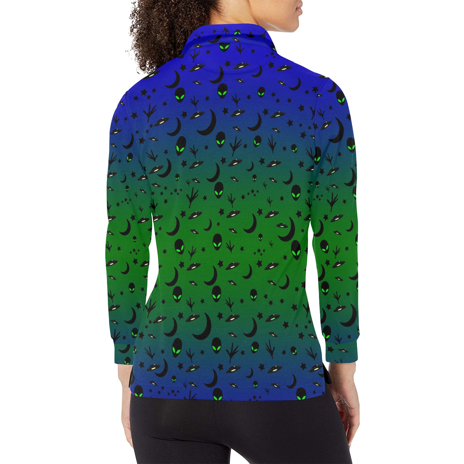 Aliens and Spaceships Women's Long Sleeve Polo Shirt (Model T73)