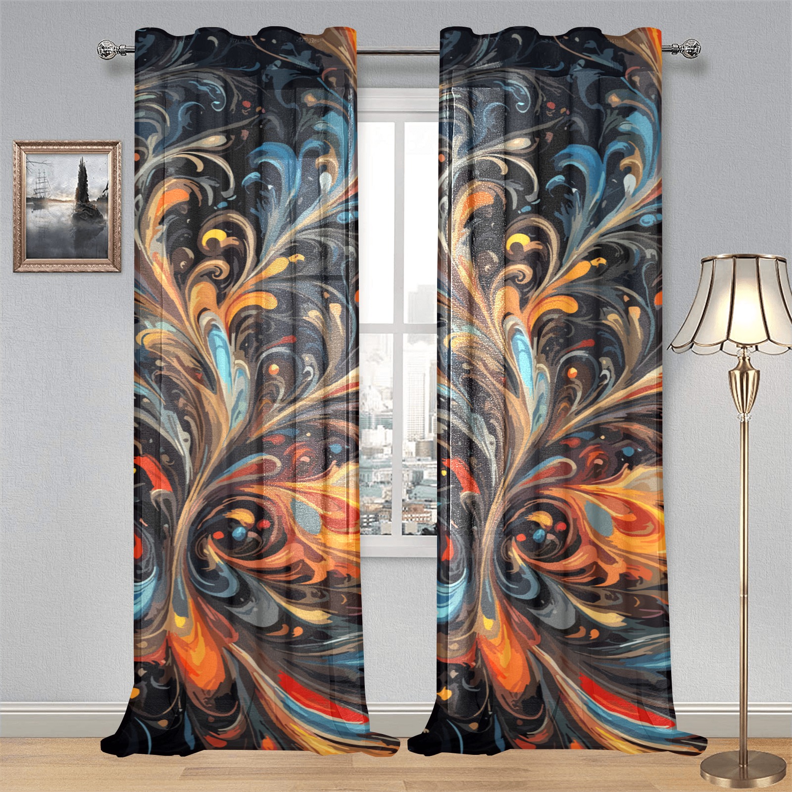 Decorative colorful floral ornament on dark. Gauze Curtain 28"x95" (Two-Piece)