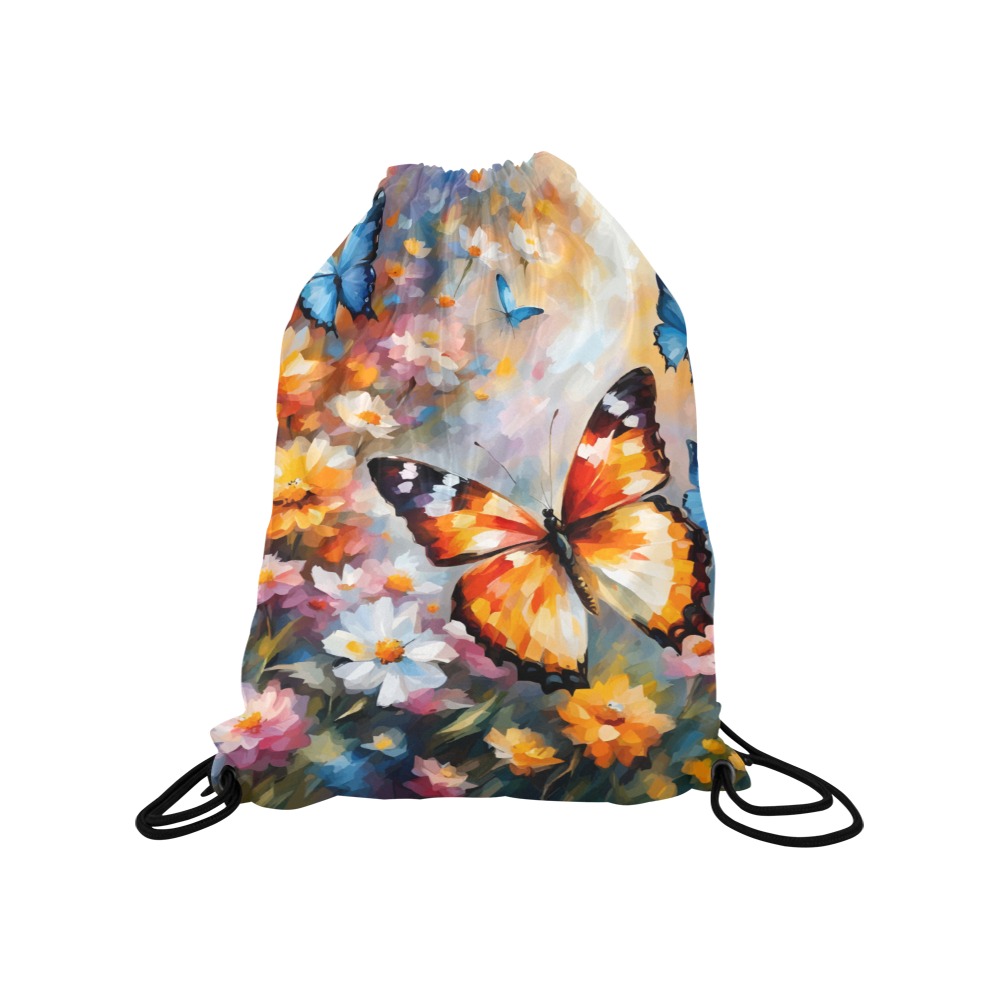 Beautiful butterflies and colorful flowers art Medium Drawstring Bag Model 1604 (Twin Sides) 13.8"(W) * 18.1"(H)