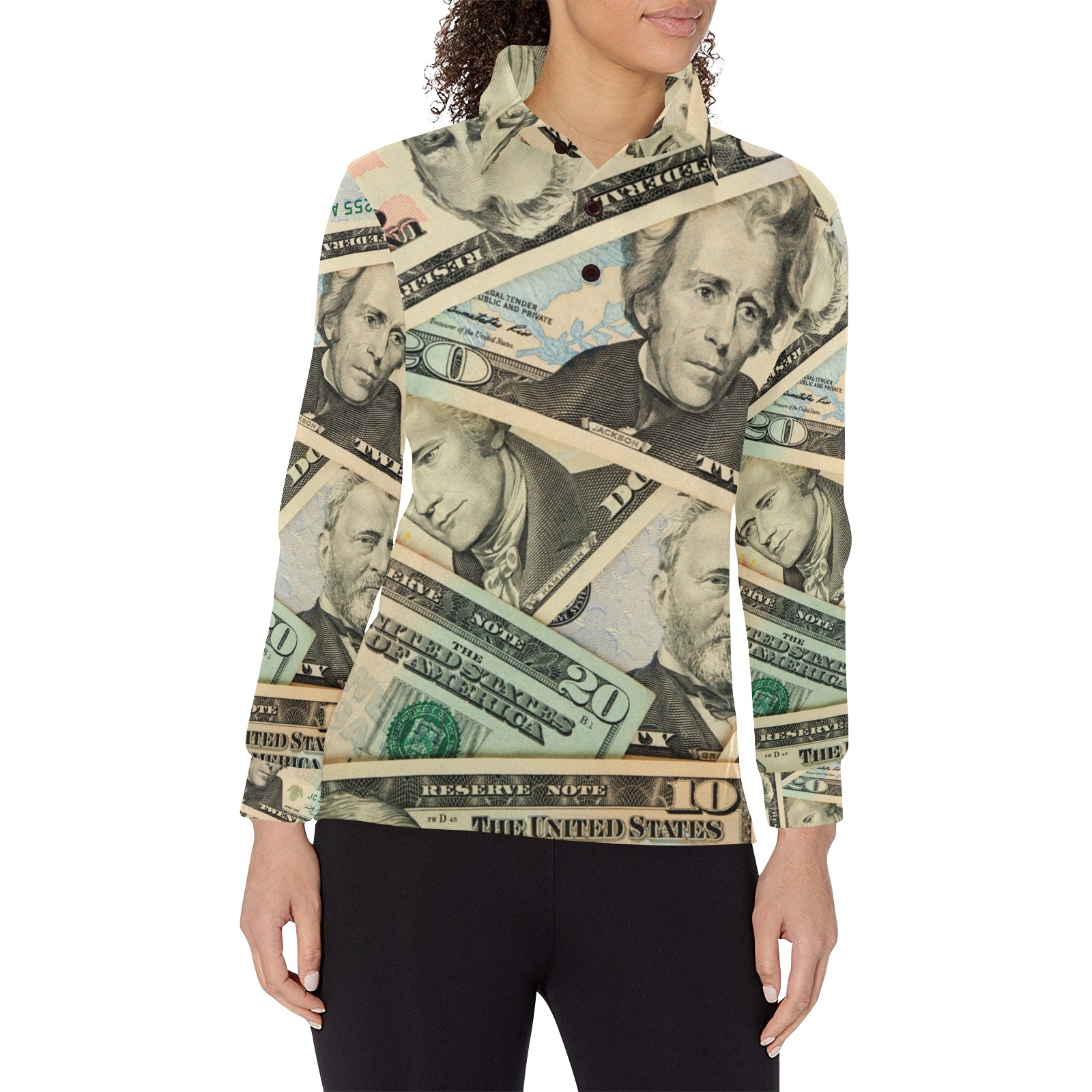 US PAPER CURRENCY Women's Long Sleeve Polo Shirt (Model T73)