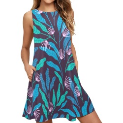 Beautiful Tropical Floral Sleeveless A-Line Pocket Dress (Model D57)