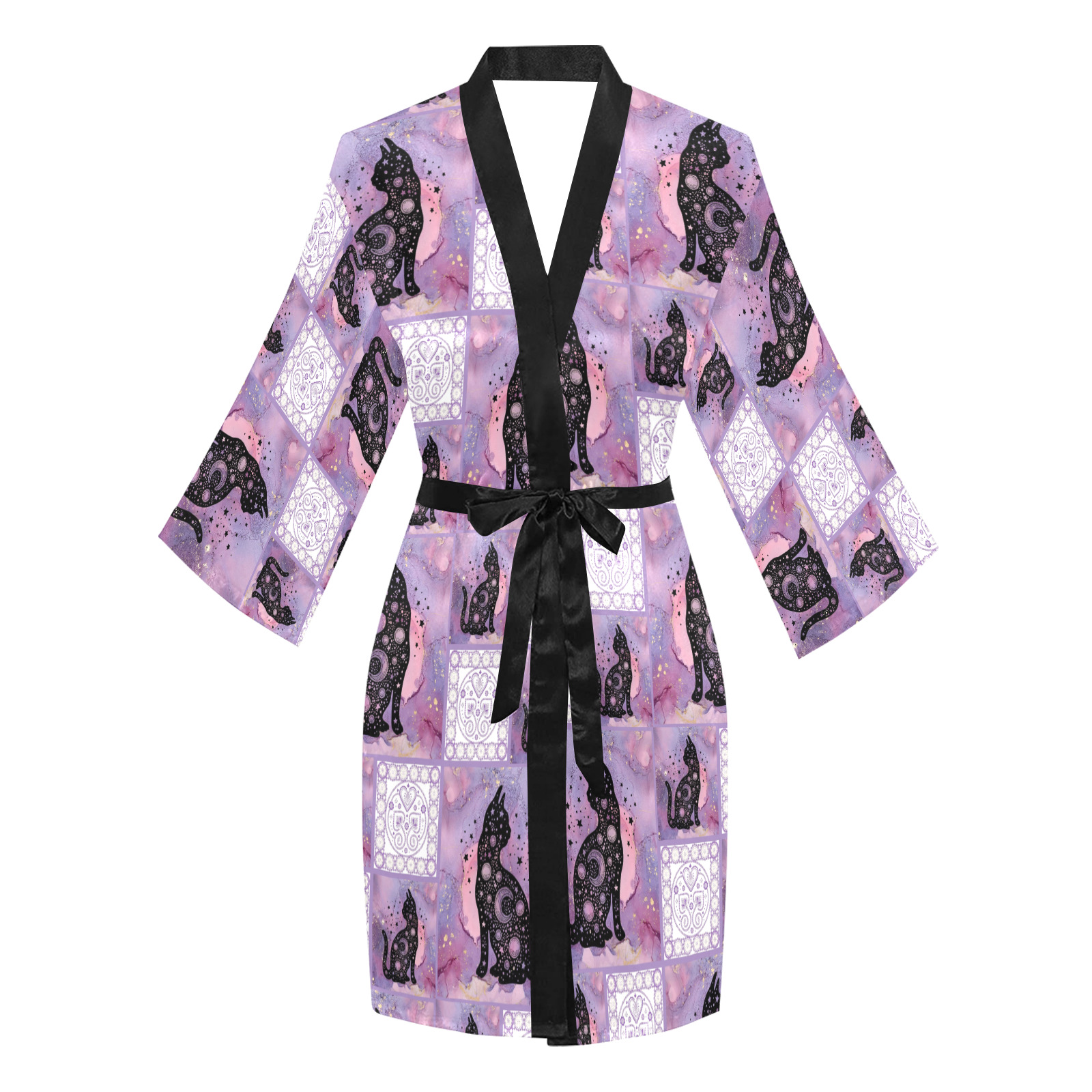 Purple Cosmic Cats Patchwork Pattern Long Sleeve Kimono Robe