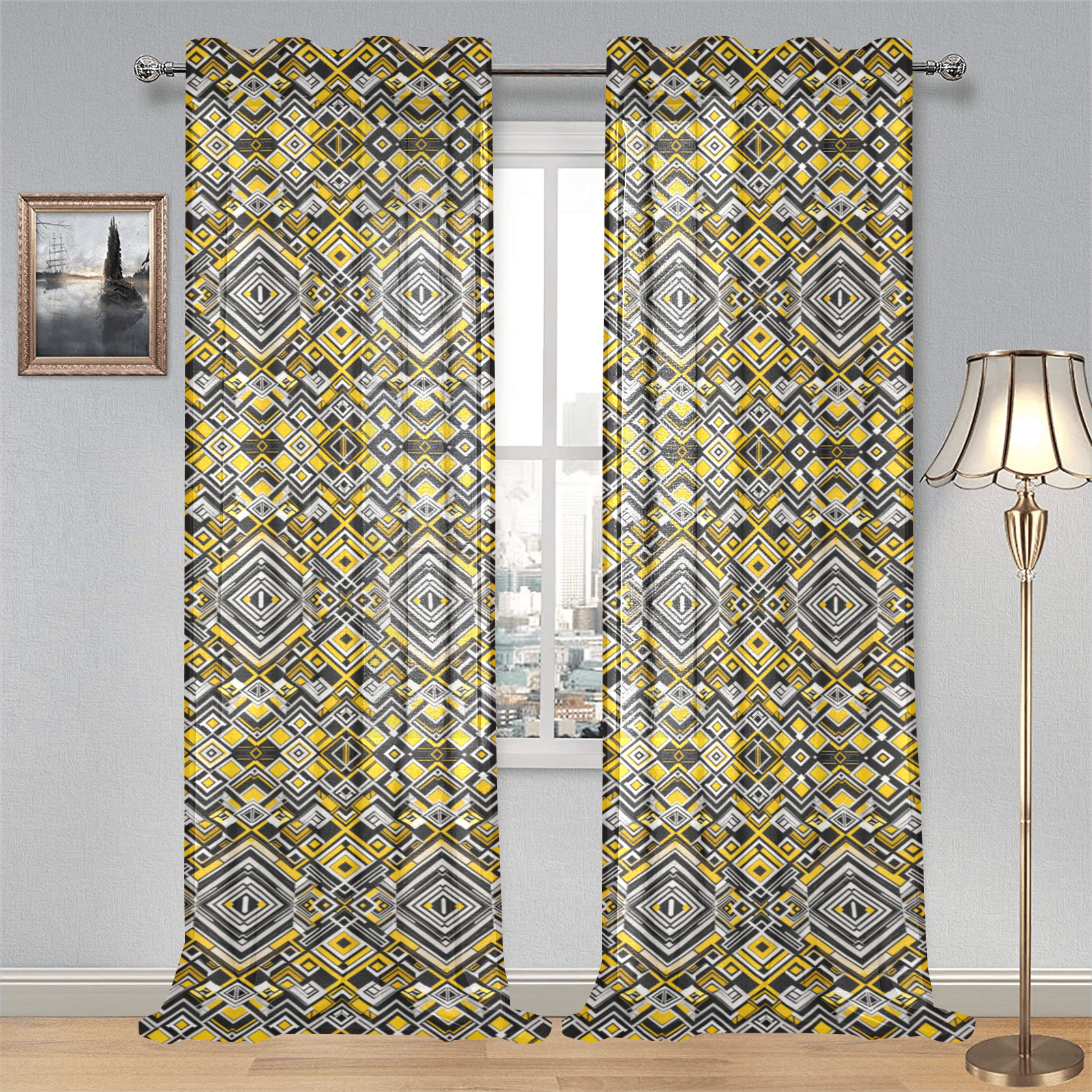 black white yellow pattern Gauze Curtain 28"x95" (Two-Piece)