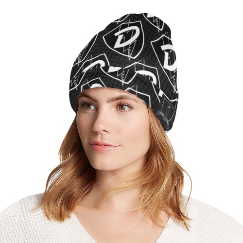 DIONIO Clothing - Black & White D Shield Repeat Grand Prix Beanie Hat All Over Print Beanie for Adults