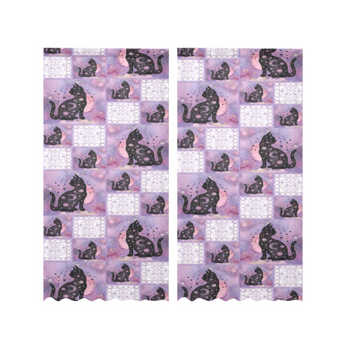 Purple Cosmic Cats Patchwork Pattern Gauze Curtain 28"x84" (Two-Piece)