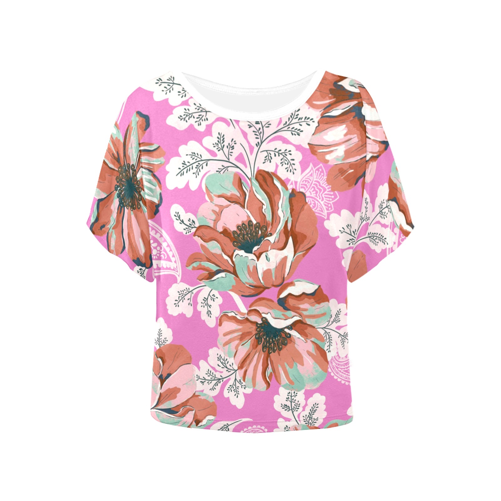 Pink flowers and paisleys 23K Women's Batwing-Sleeved Blouse T shirt (Model T44)