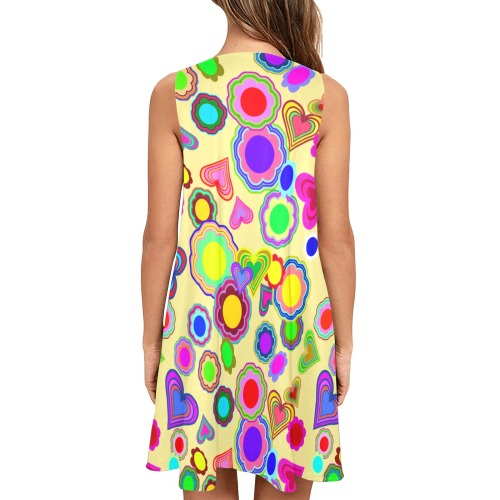 Groovy Hearts and Flowers Yellow Sleeveless A-Line Pocket Dress (Model D57)