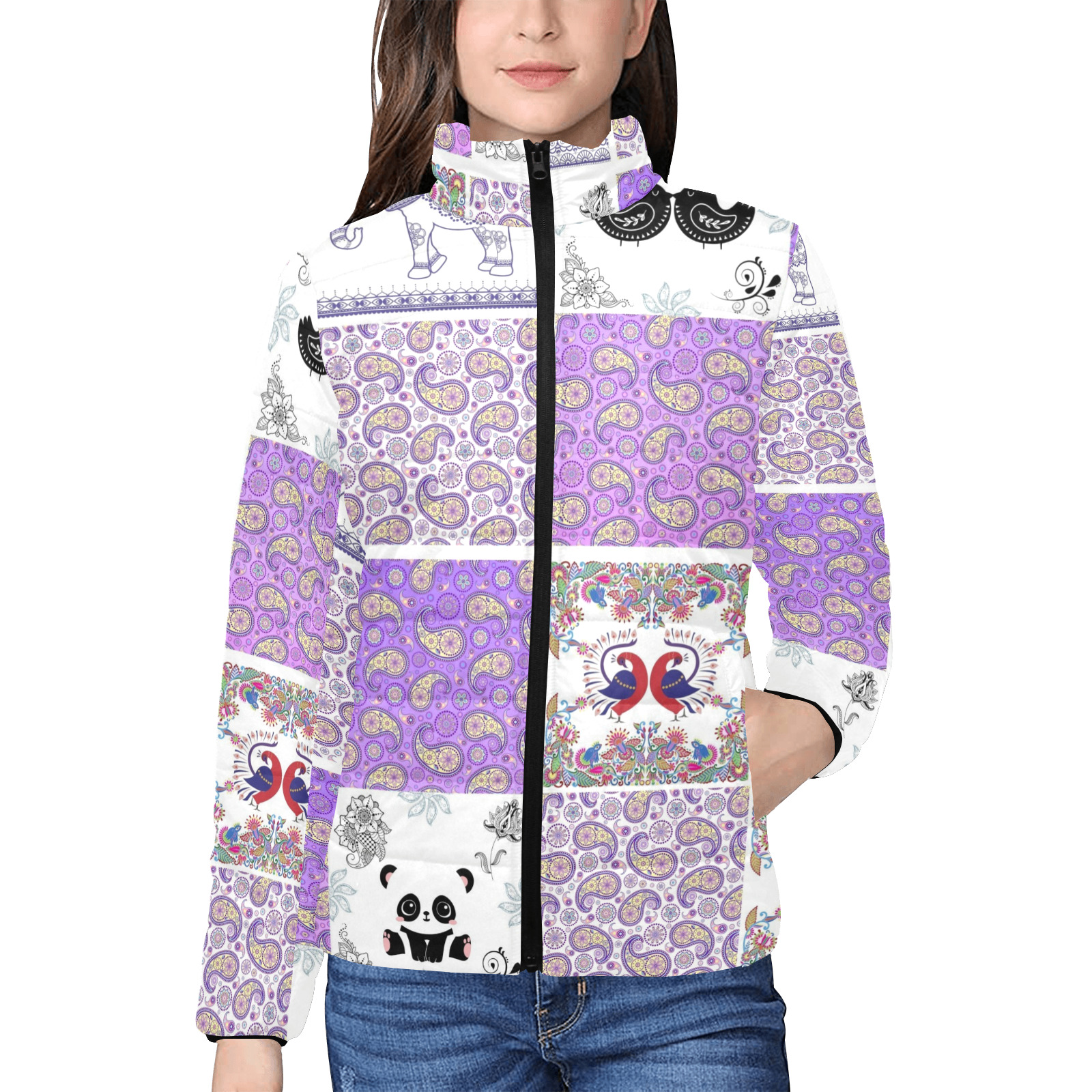 Purple Paisley Birds and Animals Patchwork Design Women's Stand Collar Padded Jacket (Model H41)