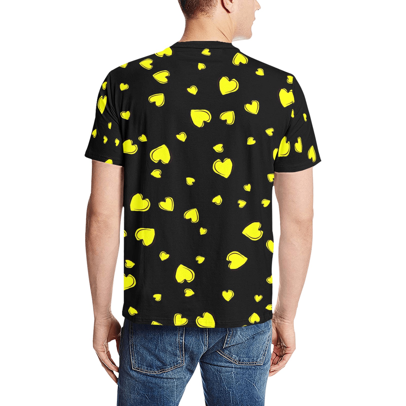Yellow Hearts Floating on Black Men's All Over Print T-Shirt (Solid Color Neck) (Model T63)