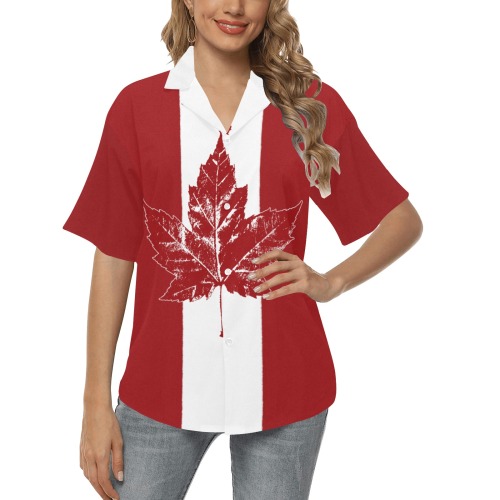 Cool Retro Canada Maple Leaf Button-Down All Over Print Hawaiian Shirt for Women (Model T58)