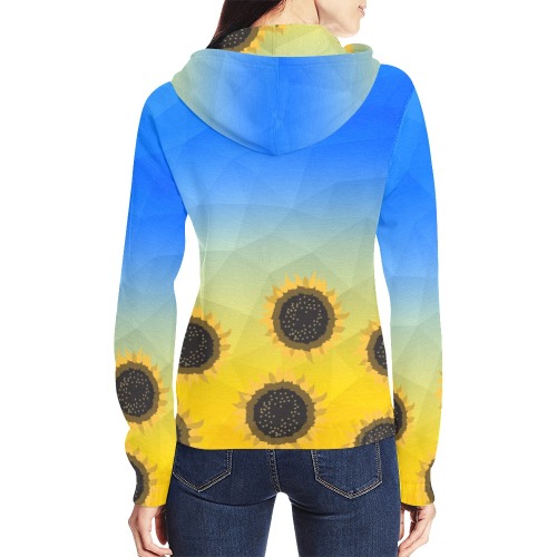 Ukraine yellow blue geometric mesh pattern Sunflowers All Over Print Full Zip Hoodie for Women (Model H14)