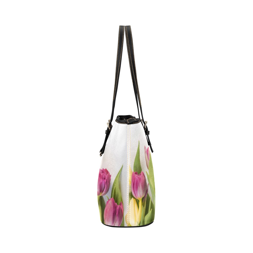 Purple & Pink Tulips Leather Tote Bag/Large (Model 1651)