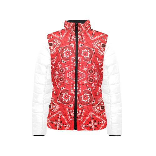 Red Bandana Squares / White Women's Stand Collar Padded Jacket (Model H41)