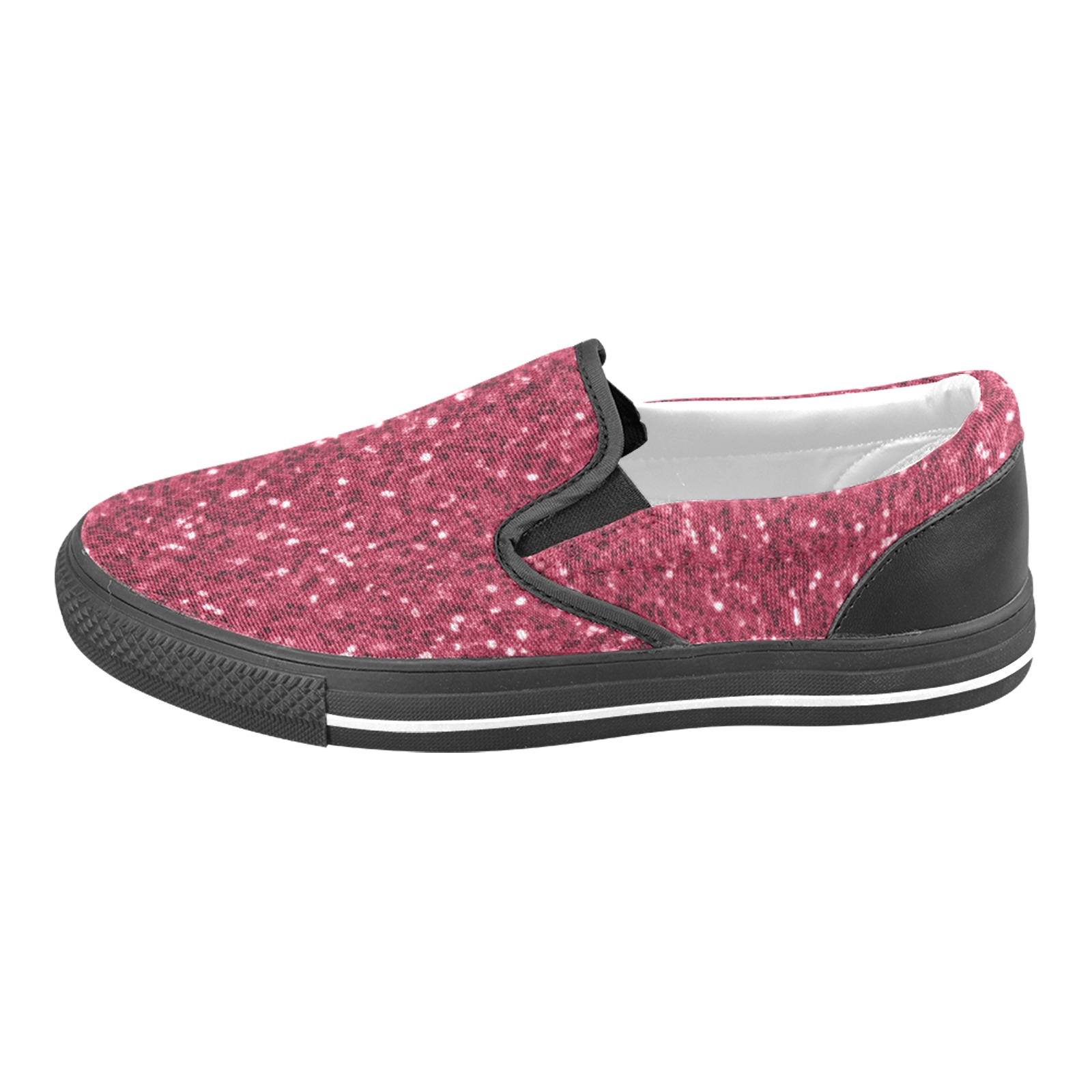 Magenta dark pink red faux sparkles glitter Slip-on Canvas Shoes for Kid (Model 019)