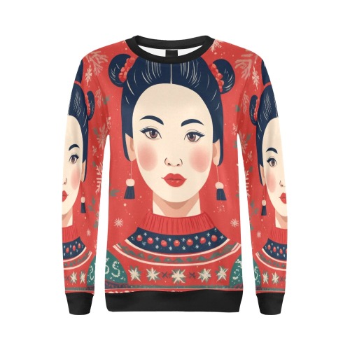 Classy Chinese woman, red background, snowflakes. All Over Print Crewneck Sweatshirt for Women (Model H18)