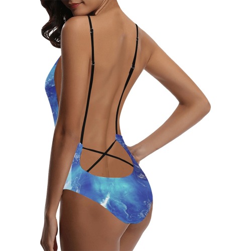 Encre Bleu Photo Sexy Lacing Backless One-Piece Swimsuit (Model S10)