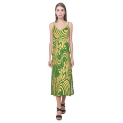 Green & Vintage Gold Print V-Neck Open Fork Long Dress(Model D18)