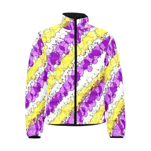 Purple and Yellow Splatter Distressed Men's Stand Collar Padded Jacket (Model H41)