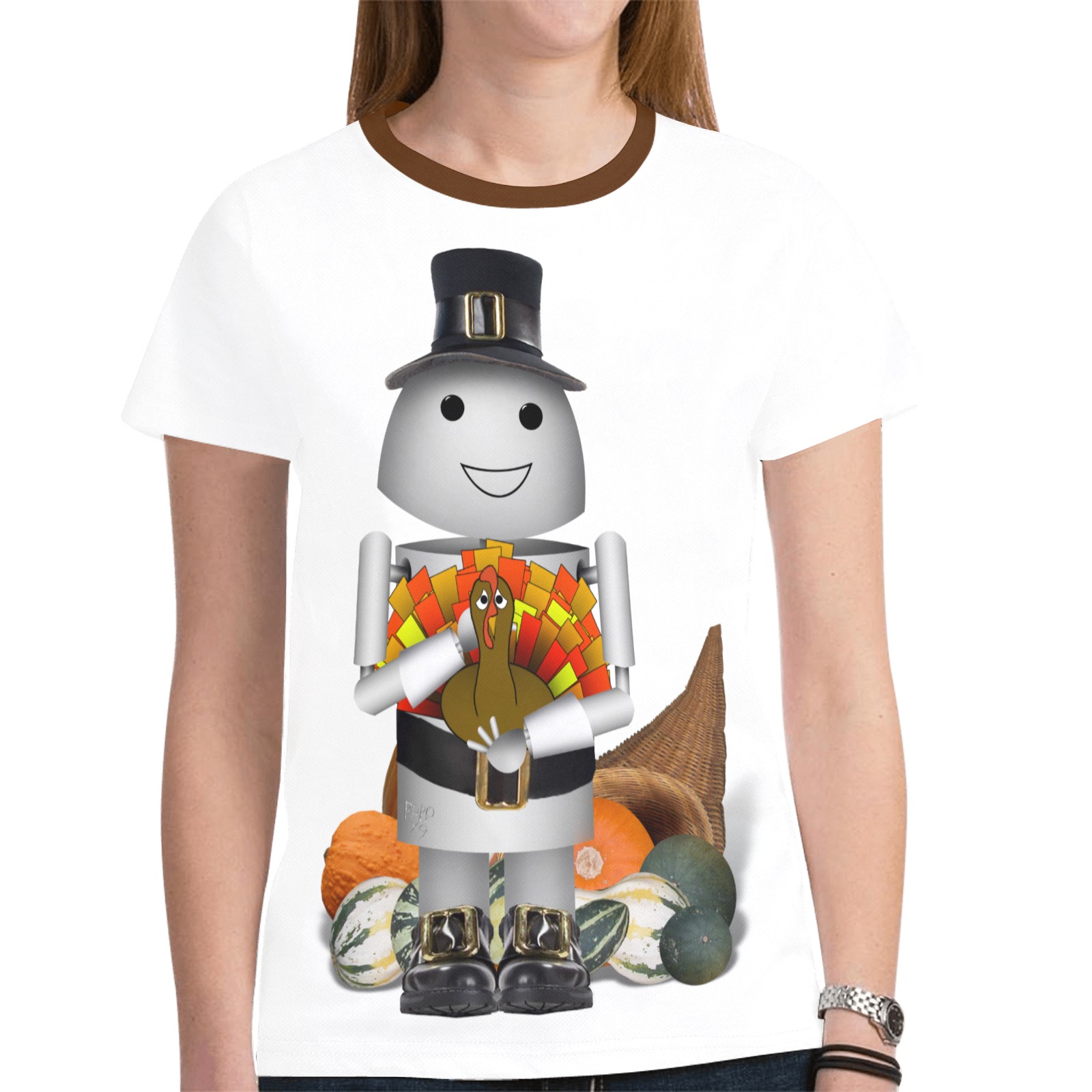 Pilgrim Robot Thanksgiving New All Over Print T-shirt for Women (Model T45)