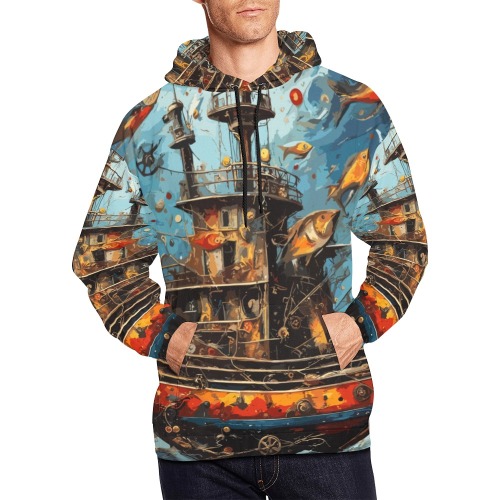 Fairy tale fantasy ship at sea and fishes art. All Over Print Hoodie for Men (USA Size) (Model H13)
