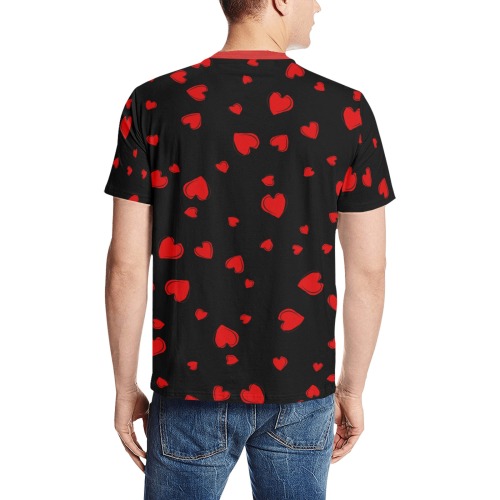 Red Hearts Floating on Black Men's All Over Print T-Shirt (Solid Color Neck) (Model T63)