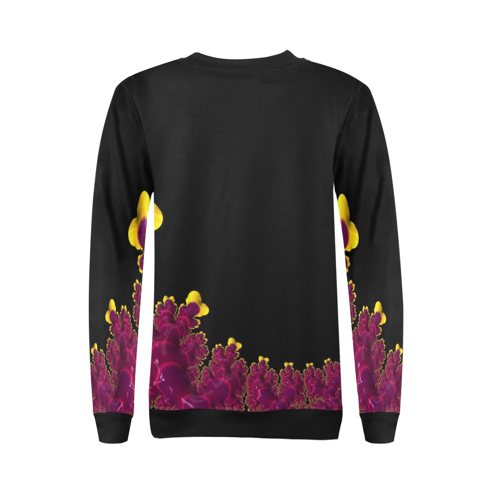 Purple Mauve and Yellow Fringe on Black Fractal Abstract All Over Print Crewneck Sweatshirt for Women (Model H18)