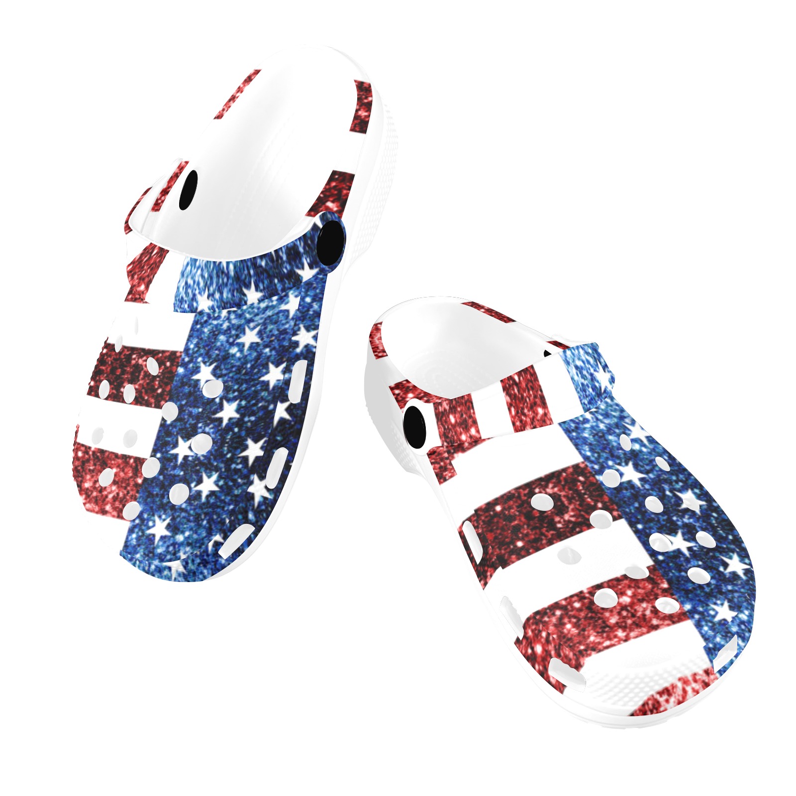 Sparkly USA flag America Red White Blue faux Sparkles patriotic bling 4th of July Custom Print Foam Clogs for Kids